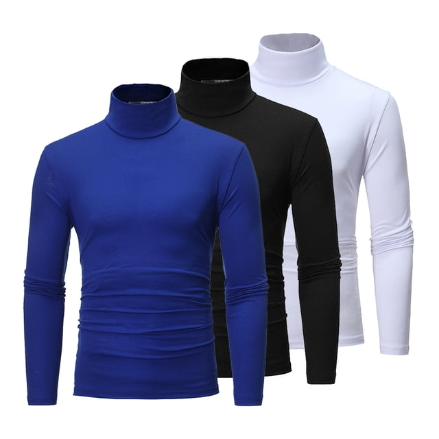 XUNZOO Chandails à Col Montant pour Hommes 3 Pcs Manches Longues Col Roulé Chandail Hauts Noir&Bleu Royal&Blanc m