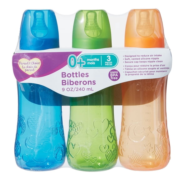 Parent's Choice Biberons pour Bébé Teintés, Sans BPA, 3x9oz Biberons, Multicolore
