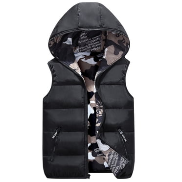 Kids Winter Hooded Vest Padded Camo Reversible Waist Coat Sleevelss Jacket Boys Coat&Jacket Black 4Xl/16 Over—