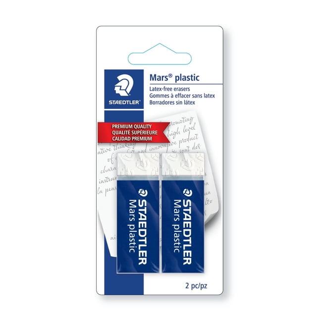 Staedtler Mars Plastic Erasers, 2 Pieces, two rectangular white high-polymer erasers in protective cellophane wrappers, front view. Dense vinyl surfaces remove graphite from paper, vellum and drafting film; edges allow broad or fine strokes. Often used to lift highlights in charcoal sketches.