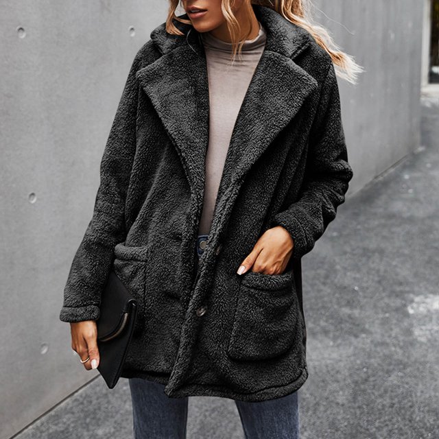 LSLJS Women Solid Color Long Sleeve Collar Plush Coat Fashion Warm Coat