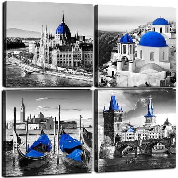 Italy Greek Wall Art Navy Blue Santorini Island Canvas Pictures Mediterranean Bathroom Wall Decor Black and White Greece City Artwork Beach Painting for Living Room Bedroom Home Decoration 12x12" 4Pcs