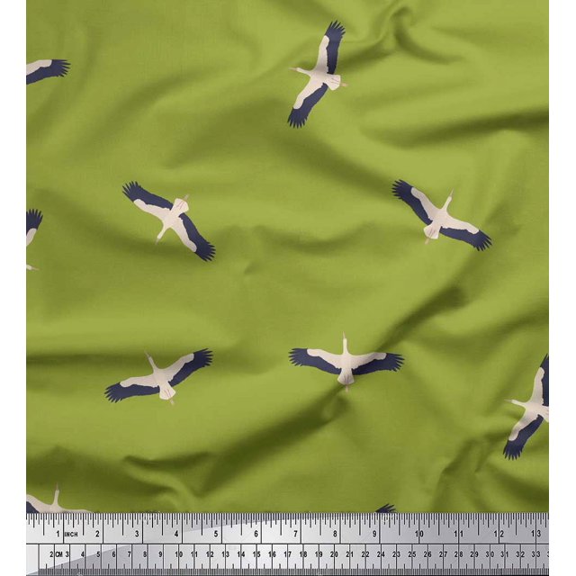 Soimoi Green Modal Satin Fabric Flying Stork Bird Decor Fabric Printed Yard 42 Inch Wide