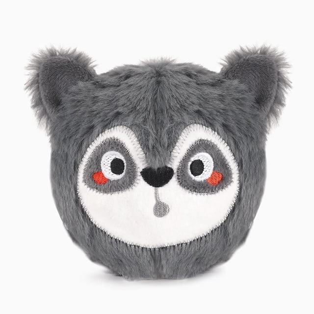 Hugsmart Raccoon Dog Ball Toy is a grey plush ball shaped like a raccoon's face with embroidered eyes, black nose, and red cheek accents, made from soft fuzzy fabric with a hidden spiky ball inside for interactive fetch and chew play.