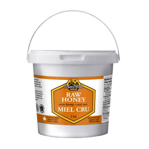 Dutchman’s Gold Raw Honey | 100% Canadian Unpasteurized & Cold-Processed | Naturally Creamy & Spreadable | Contains Bee Pollen, Royal Jelly & Beeswax | Made in Canada | 3 kg family container of solid-at-room-temperature raw honey with creamy, lightly crystallized golden-amber texture; unpasteurized, cold-processed and minimally filtered; ideal as a spread for toast and often used as a glaze for cheeses or to sweeten marinades.