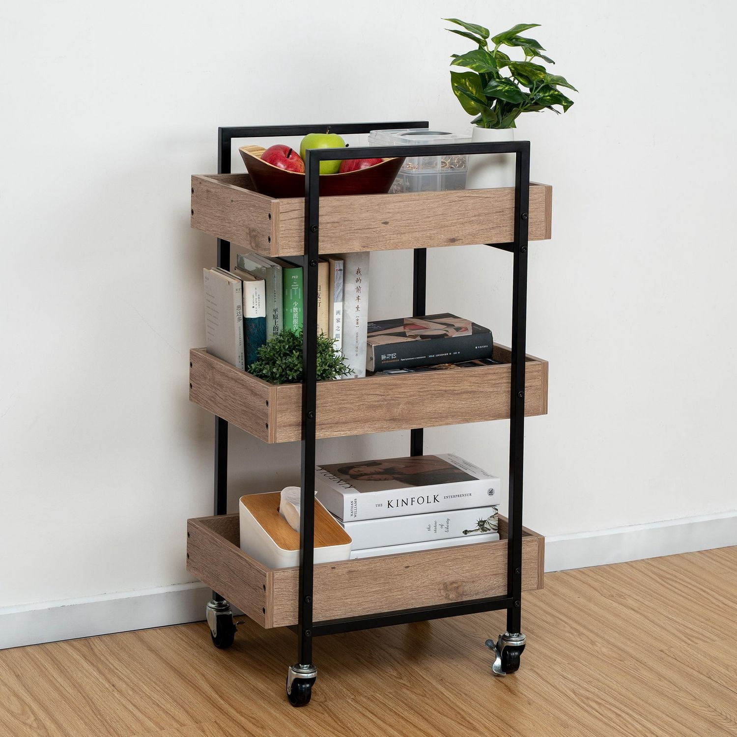 Better Homes & Gardens 3-Tier bois et acier rouler chariot utilitaire; Cadre en métal Durable; Chêne naturel et finition métal noir