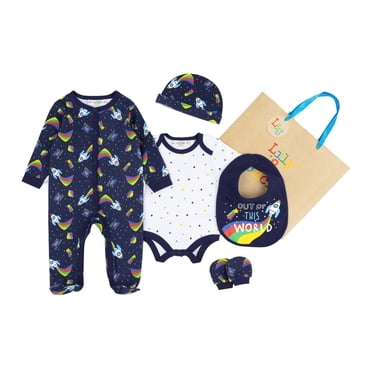 Lily and Jack Monde Fusée Ensemble Layette 5 Pcs – Essentiels pour Bébé 100 % Coton, Dormeuse, Cache-Couche et Plus – Cadeau Adorable et Confortable pour Bébés Garçons et Filles