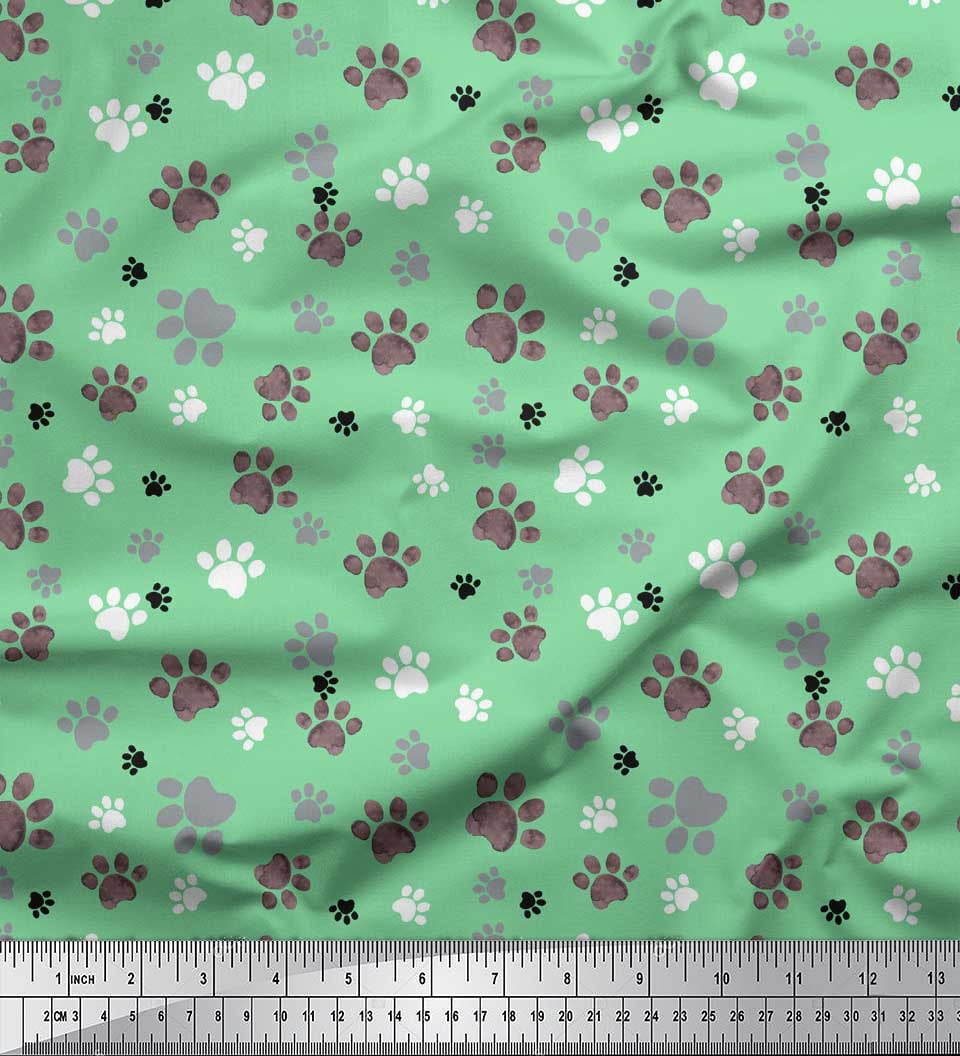 Soimoi Green polyester Crepe Fabric Paw Dog Print Fabric by Yard 52 Inch Wide
