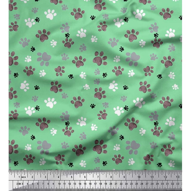 Soimoi Green polyester Crepe Fabric Paw Dog Print Fabric by Yard 52 Inch Wide