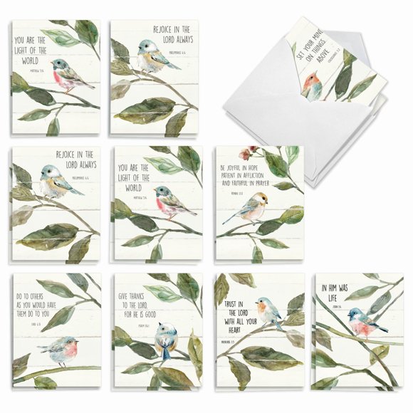 The Best Card Company - 20 Blank Notes with Envelopes - All Occasion Animal Assortment (10 Designs, 2 Each) - Scripture Birds AM7108OCB-B2x10-NB