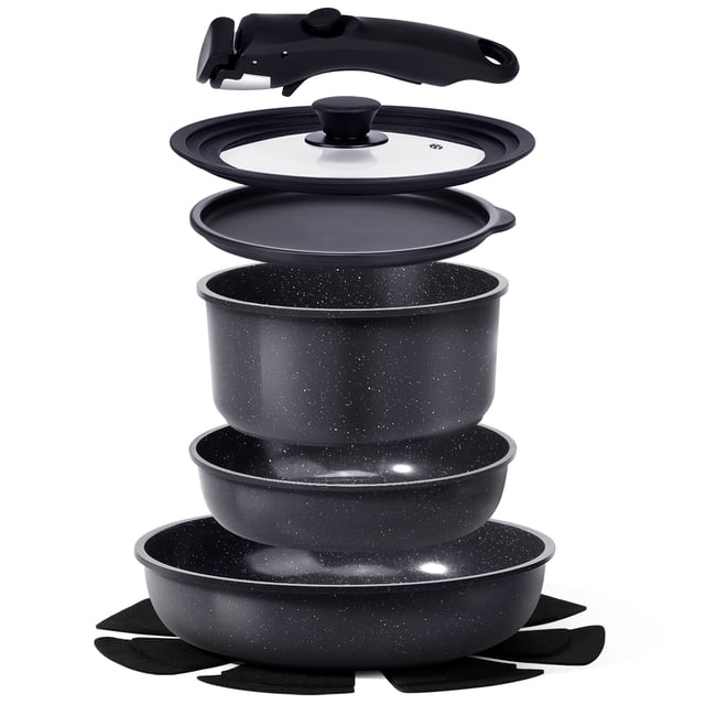 GIPP 8pcs ceramic cookware set in grey, featuring stackable pots and pans with a nonstick ceramic coating for healthy cooking and removable handle. Includes lids and protective pads for compact storage. Compatible with induction, gas, ceramic, and electric stovetops. Oven and dishwasher safe.