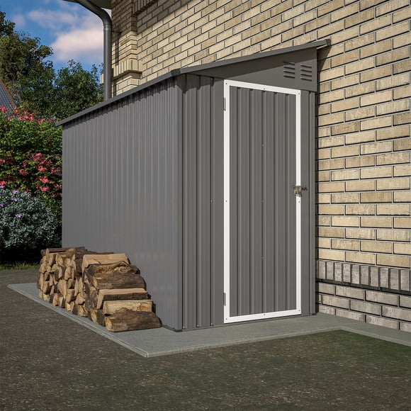 Grey 4'x8' Lean to Storage Shed, Outdoor Metal Wall Side Storage Cabinet with Floor Frame, Single Door Left or Right Mount, Weather Resistant Steel Garden Shed for Backyard Patio Lawn
