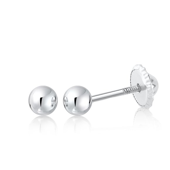 Boucles d'Oreilles Clous Boule en Or Blanc 14K Poli à Vis Enfants Bambins Bébé Adulte Deuxième Perçage 3 mm