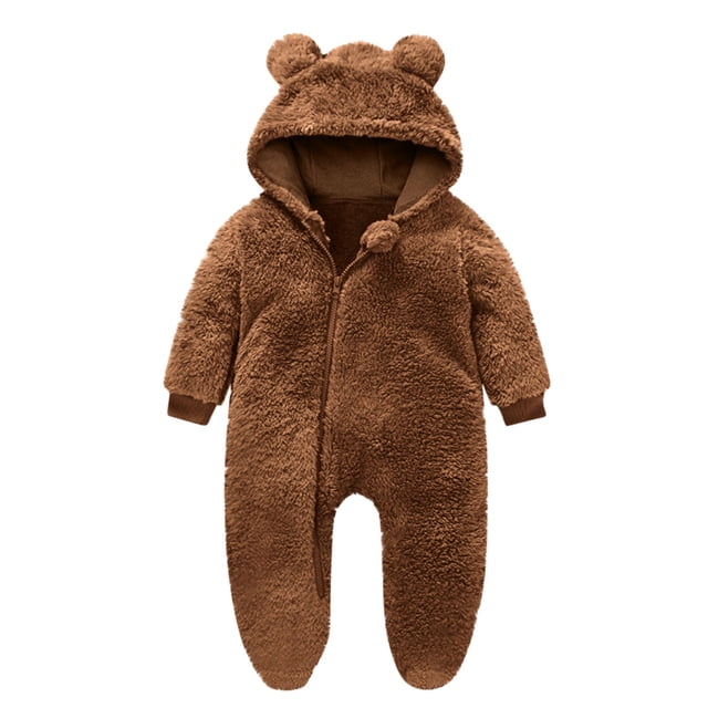 AherBiu Infant Rompers Fleece Hooded Jumpsuits Zip up Bodysuits Fall Winter Solid Color Warm Fuzzy Newborn Baby Clothes Sets