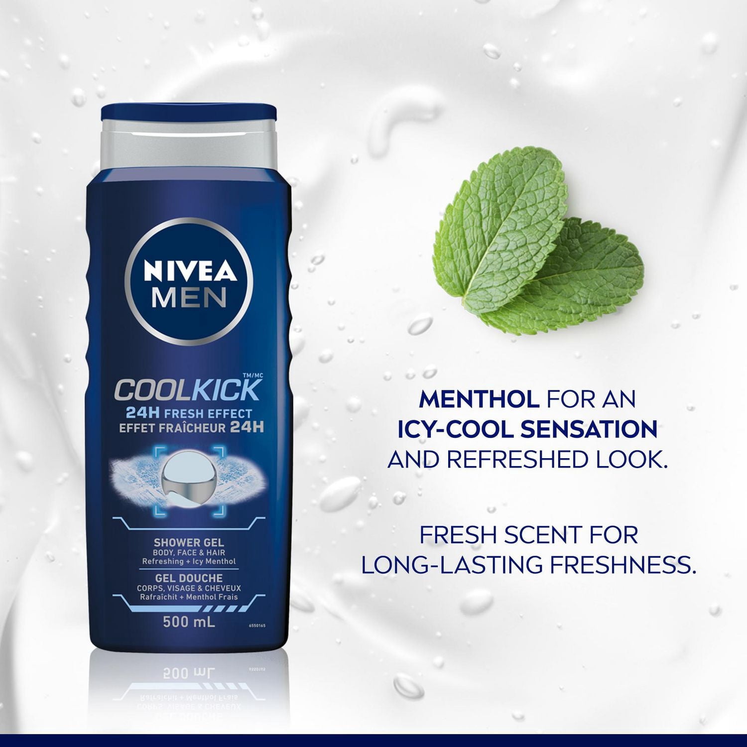 NIVEA Men Cool Kick 24H Effet Fraîcheur Gel Douche pour Hommes / Nettoyant 3-en-1 Corps, Visage et Cheveux / Gel Douche Rafraîchissant au Menthol / Testé Dermatologiquement
