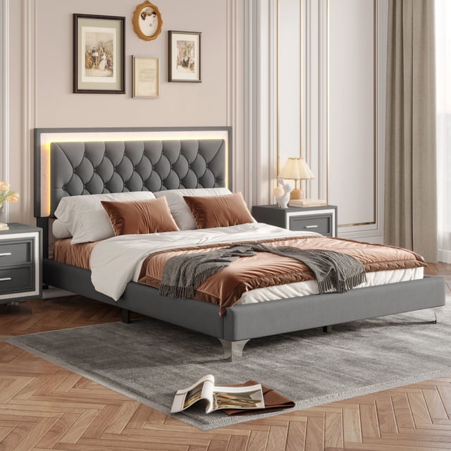 MODERNLUXE Lit Plateforme Grand Size Rembourré, Lit Moderne en Velours avec Lumières LED et Tête de Lit Capitonnée, Gris