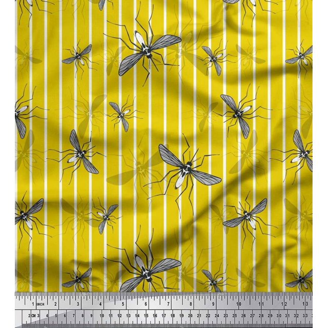 Soimoi Yellow Silk Fabric Stripe & Mosquito Insects Printed Fabric 1 Yard 42 Inch Wide