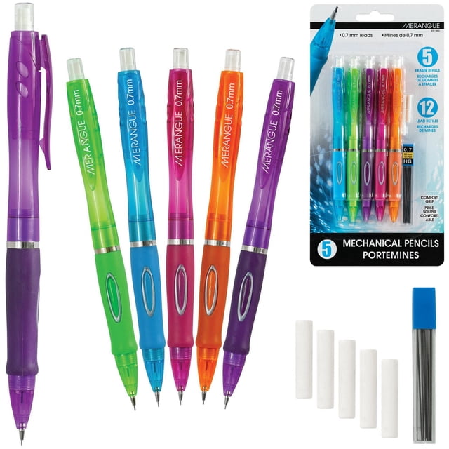 Merangue Side Click Mechanical Pencils with Refills, 0.7mm, 20 Pack featuring five translucent mechanical pencils in purple, green, blue, pink, and orange with non-slip grips and side click mechanisms, plus lead and eraser refills for precise writing and drawing, suitable for students and artists.