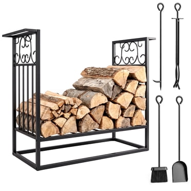 HOMCOM Heavy Duty Firewood Wood Log Rack Vintage Design Firewood Storage Shelf w/ 4 Tools, Black