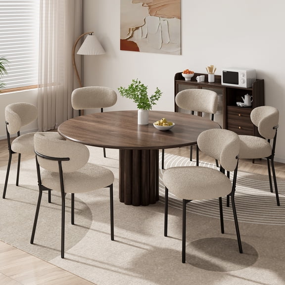 MALOL Chaises de Salle à Manger, Ensemble de 6, Chaises de Salle à Manger en Bouclé avec Pattes en Métal et Dossier Incurvé et Coussin Épais, Chaises Latérales de Cuisine Modernes Rembourrées en Tissu Teddy Sherpa, Camel