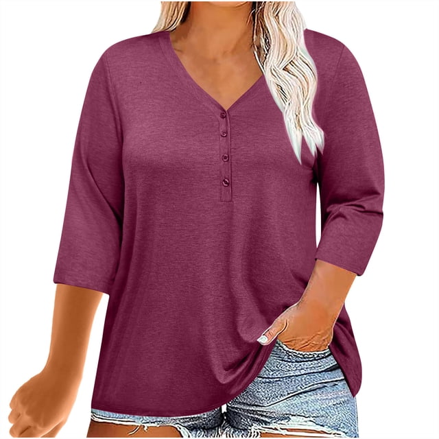 Plebaso Womens Plus Size Tops 3/4 Sleeve V Neck Casual T Shirts Loose Solid Color Button down Blouses Tees