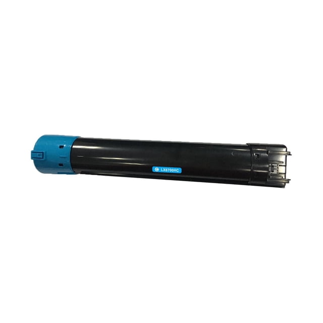 L-ink Compatible Xerox 6700 Cyan Toner Cartridge (106R01507) with a black cylindrical body and cyan blue cap, labeled LX6700HC, designed for Phaser 6700 series printers, delivering sharp laser print quality and a 12,000 page yield.