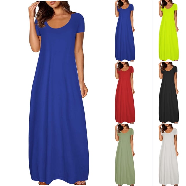 Hot6sl Liquidation d'Économies d'Été Robe à Manches Courtes à Col Rond, Robe Unie à Grande Poche pour Femme Aguichant à Col Rond à Manches Courtes à Manches Longues, Robe en Polyester pour Femme/bleu, 3TG