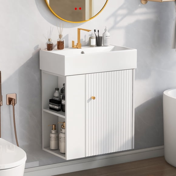 MODERNLUXE 21.6" Wall-Mount Bathroom Vanity with Ceramic Sink,Modern Floating Sink Cabinet with Left Open Shelf for Small Space,White