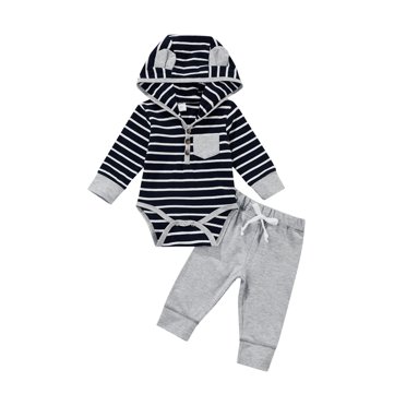 Xingqing Autumn Baby Boys Clothes 2pcs 3D Ear Hooded Long Sleeve Striped Romper Tops+Pants Sets Blue 3-6 Months