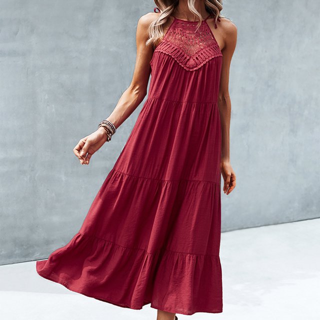 Robes pour Femmes 2024 Été Surdimensionné Printemps et Col Suspendu Dentelle Couture Ajourée Jupe Décontractée 50 % de Réduction!