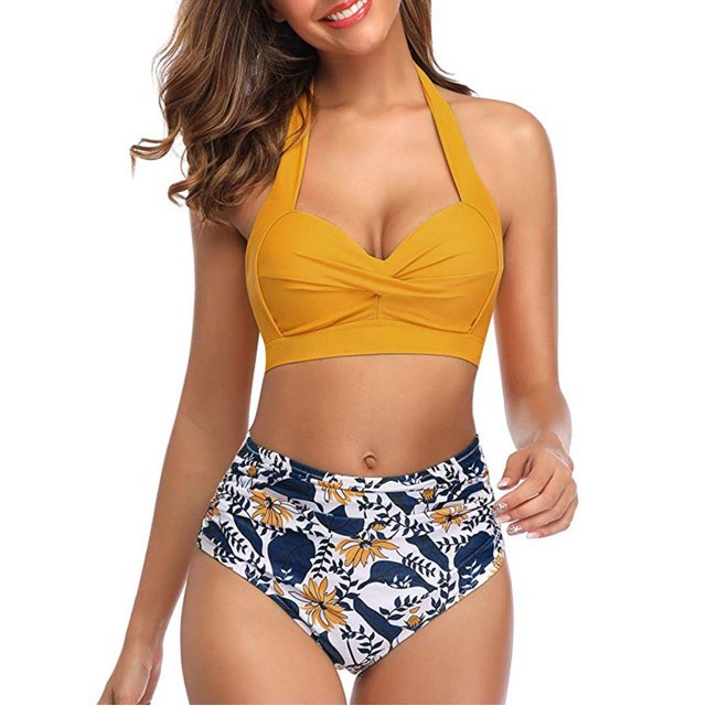 Women Vintage Swimsuit Two Piece Retro Halter Ruched High Waist Print Bikini Set