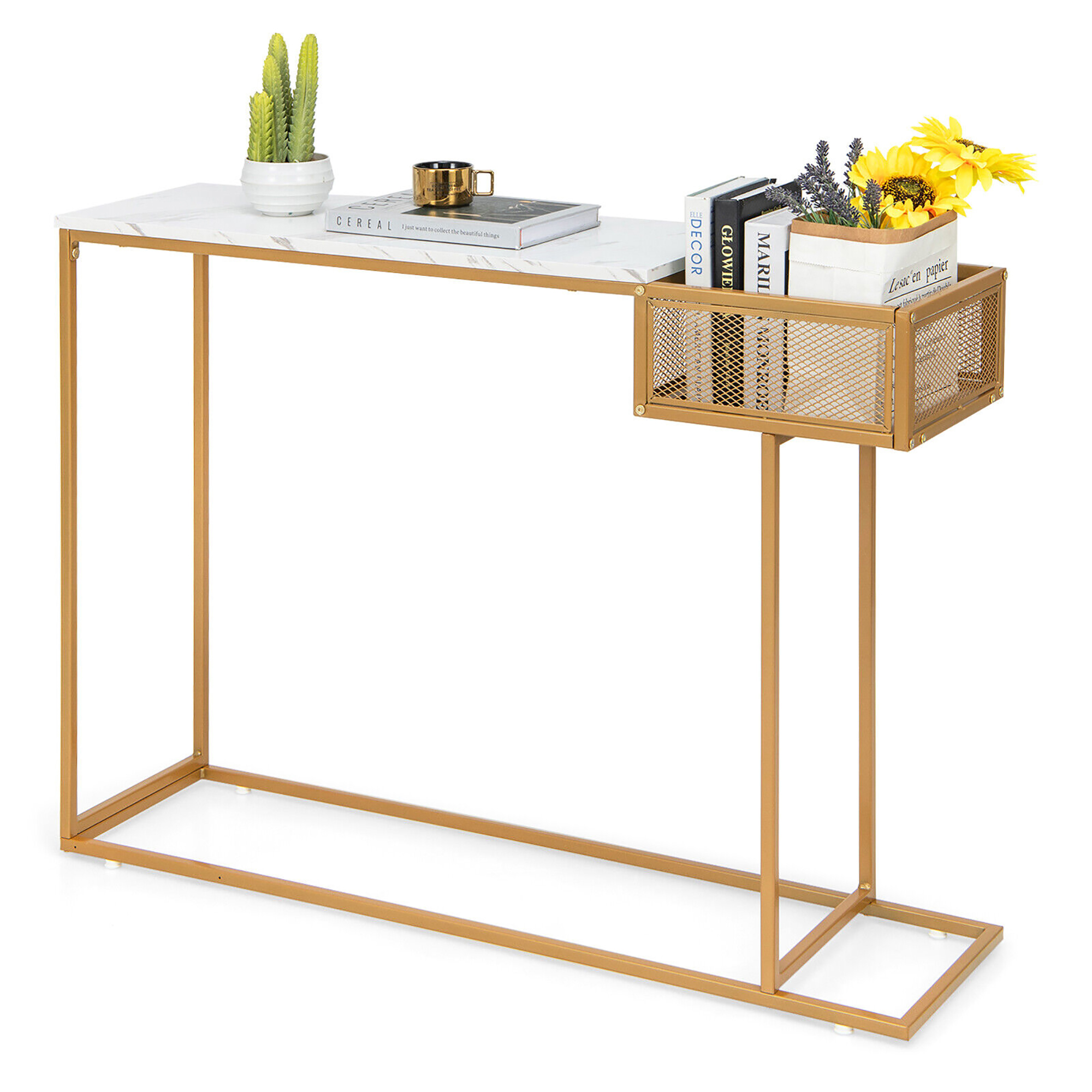 Gymax Table Console Étroite en Faux Marbre pour Entrée, Table de Sofa avec Panier de Rangement en Fil Métallique