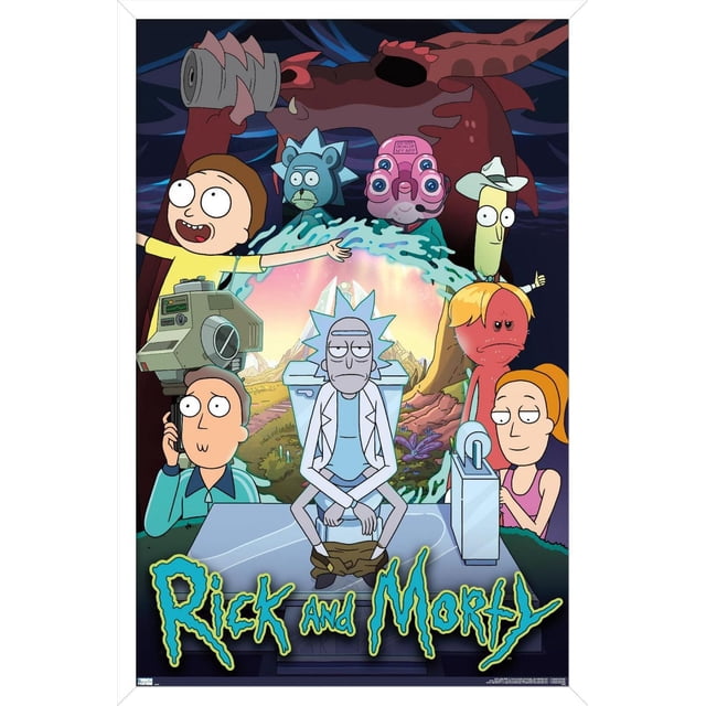 Rick And Morty - Affiche Murale de Groupe Saison 4, 14,725 Pouces x 22,375 Pouces Mettant en Vedette des Personnages Clés de la Série Animée, Y Compris Rick Assis avec Pantalon en Bas, Morty Tendant la Main, et d'Autres comme Mr. Meeseeks, Birdperson et Mr. Poopybutthole sur un Arrière-Plan de Portail sci-fi vibrant et de Paysage d'Alien, Imprimée sur du Papier d'Affiche Brillant, Convenant à la Déco