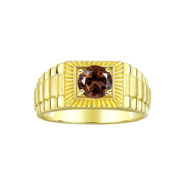 RYLOS Men's Ring 14K Yellow Gold Ring, 7MM Round Shape Gemstone Designer Style Rings Smoky Quartz June Birthstone Rings Gold Size 8