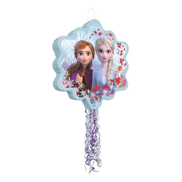 Disney Frozen 2 Shaped Drum Pull Pinata featuring Anna and Elsa in a snowflake-shaped design with blue background, white tree patterns, and red autumn leaves, decorated with hanging purple and white curled ribbons, ideal for birthday party decorations and pull-string fun.