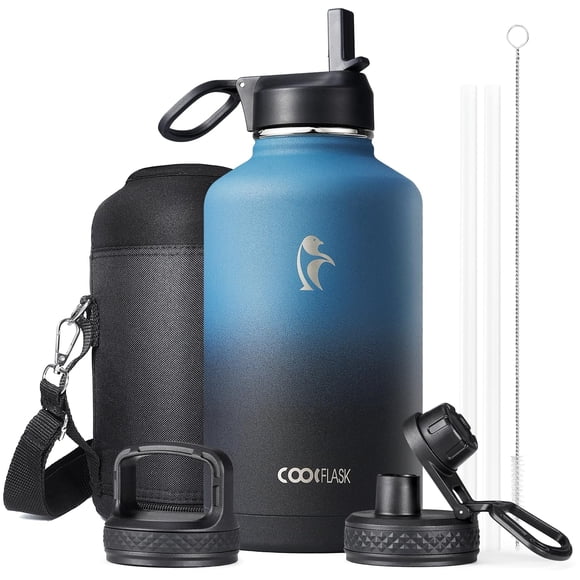 Half Gallon Water Bottle Insulated with Straw & 3 Lids, Coolflask 64 oz Water Jug Large Metal Stainless Steel Wide Mouth for Sports, Gym or Office, B
