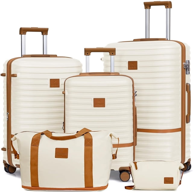 Joyway Ensemble de Bagages 5 Pcs en Blanc, Comprenant des Valises Rigides à Roulettes Pivotantes en ABS de Tailles 20 Pouces, 24 Pouces et 28 Pouces, Ainsi Qu'un Sac à Main de Voyage et un Sac de Toilette. Conçu pour les Voyageurs Modernes, les Bagages Cabine et Enregistrés Offrent des Couches Extensibles pour un Rangement Accru, des Verrous TSA pour la Sécurité et des Roues Pivotantes à 360° pour une Mobilité Sans Effort. Comprend des Poignées Télescopiques en Aluminium et des Intérieurs Organisés avec Séparateurs à Glissière et des Sacs
