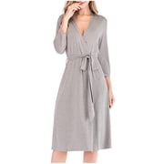 Tauxra Womens Short Robes 3/4 Sleeve V-Neck Lightweight Bathrobe for Spring Summer, Soft Breathable Cotton Blend Kimono Robe for Women, Solid Color Loungewear Housecoat