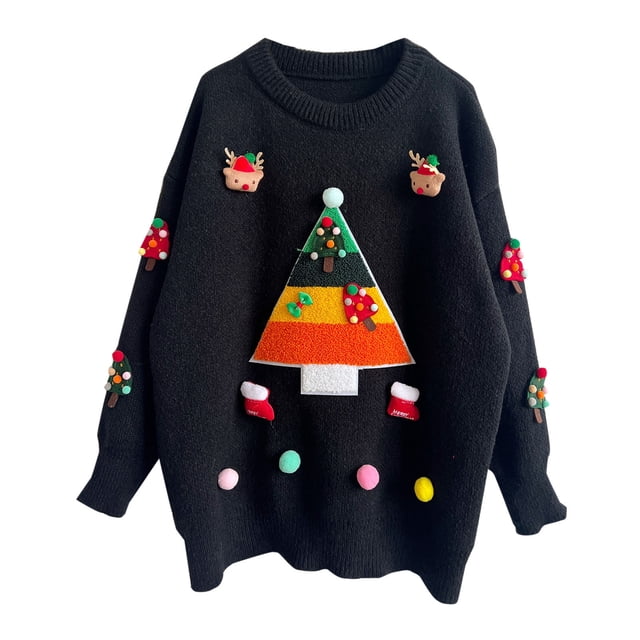 TIMIFIS Femmes Christmas Sweater Graphique Imprimé Manches Longues Col Ras du Cou Chandail Tricoté Léger Automne Chandail Décontracté Chandails des Fêtes