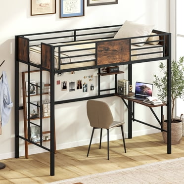 Gymax Lit Mezzanine Simple avec Bureau Cadre de Lit en Métal Robuste avec Garde-Corps de Sécurité et Échelle