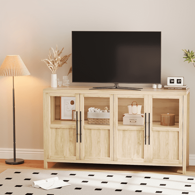 GloryStar 55" Sideboard Buffet Cabinet with 4 Glass-Paneled Doors, Multi-Functional Buffet Table for Coffee Bar, Wine Bar & Display Use – Perfect for Kitchen, Dining Room, Living Room