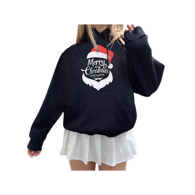 FOCUSNORM Women Juniors Christmas Printed Sweatshirt, Hooded Pullover with Pocket, Drawstring