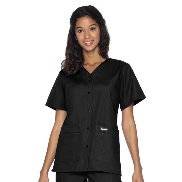 Landau Women's Essentials Snap Front Scrub Top, Classic Relaxed Fit, V-Neck, 4 Pockets