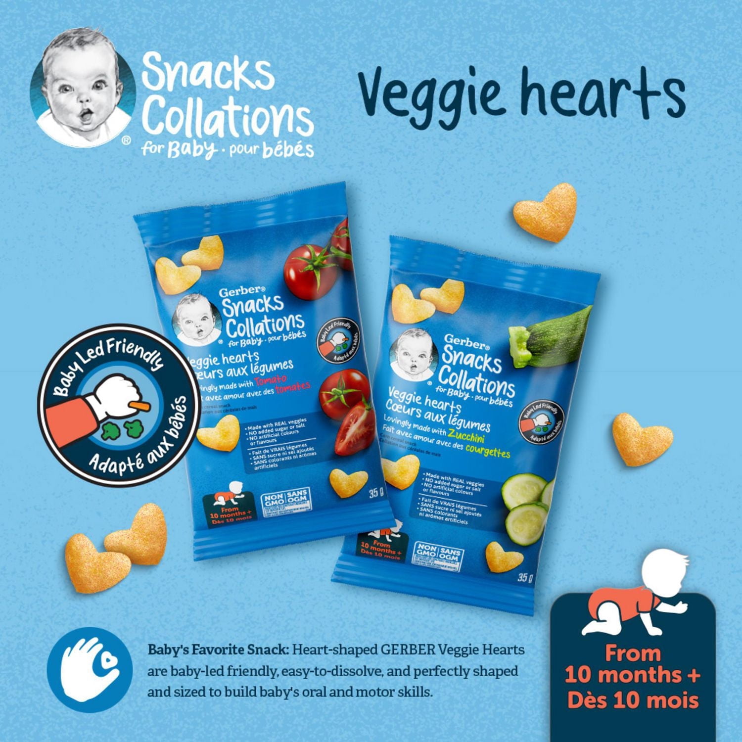 GERBER Cœurs aux légumes à la tomate, collations pour bébés, dès 10 mois, source de vitamine B1, de fer et de zinc, 3 g de grains entiers, sans colorants ni arômes artificiels, sans suc