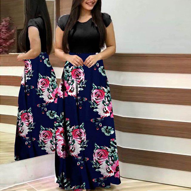 Robe Jupe Bohème à Imprimé Floral pour Femmes Été Automne, Manches Courtes, Moulante, Longue Maxi, Robe de Plage