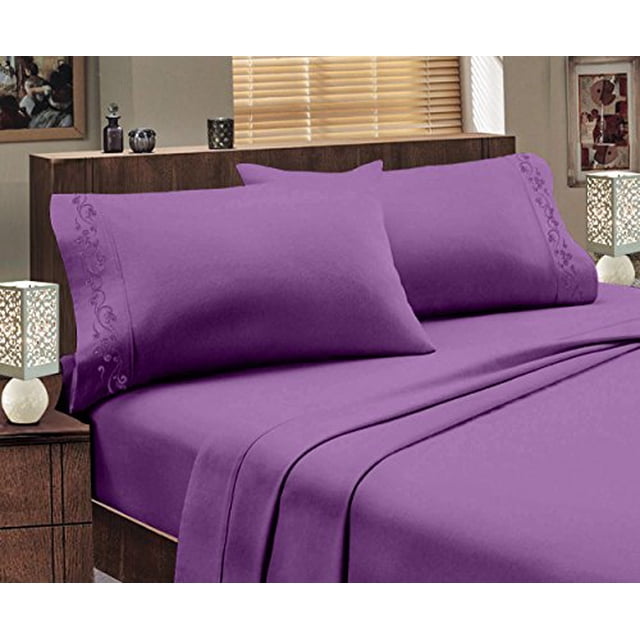 Italian Design 1800 Series Egyptian Comfort Super Soft Embroidery 4 Piece Sheet Set (King, Purple)