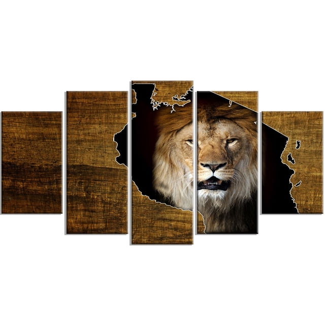 Design Art Tanzania Wildlife Map Design Canvas Print with a five-panel gallery wrapped canvas featuring a close-up lion's face within Tanzania's map outline on a wood-textured background, printed on premium cotton canvas and ready to hang for home décor.