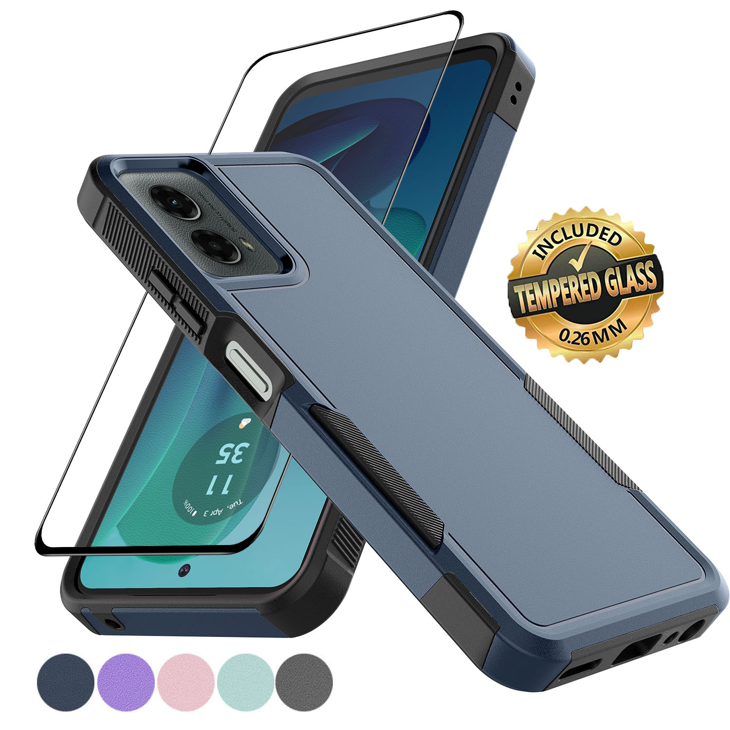 For Moto G 5G 2024 Case with Glass Screen Protector, Tekcoo Heavy Duty Rugged Shockproof Full Body Protective 2-IN-1 Phone Case Cover for Motorola Moto G 5G 20244, Dark Blue