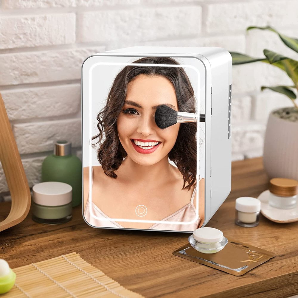 Mini Fridge 4L Capacity  Portable Small Refrigerator Cooler or Warmer  AC DC Powered  Skincare Fridge with Mirror Door  for Food  Cosmetics  Home  Office and Car
