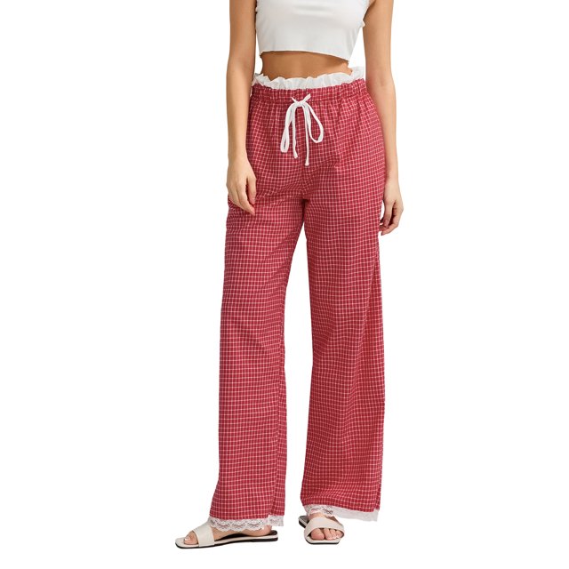 Diconna Women's Casual Wide Leg Pants Drawstring Elastic Waist Plaid Print Boxer Pants Ruffle Trousers